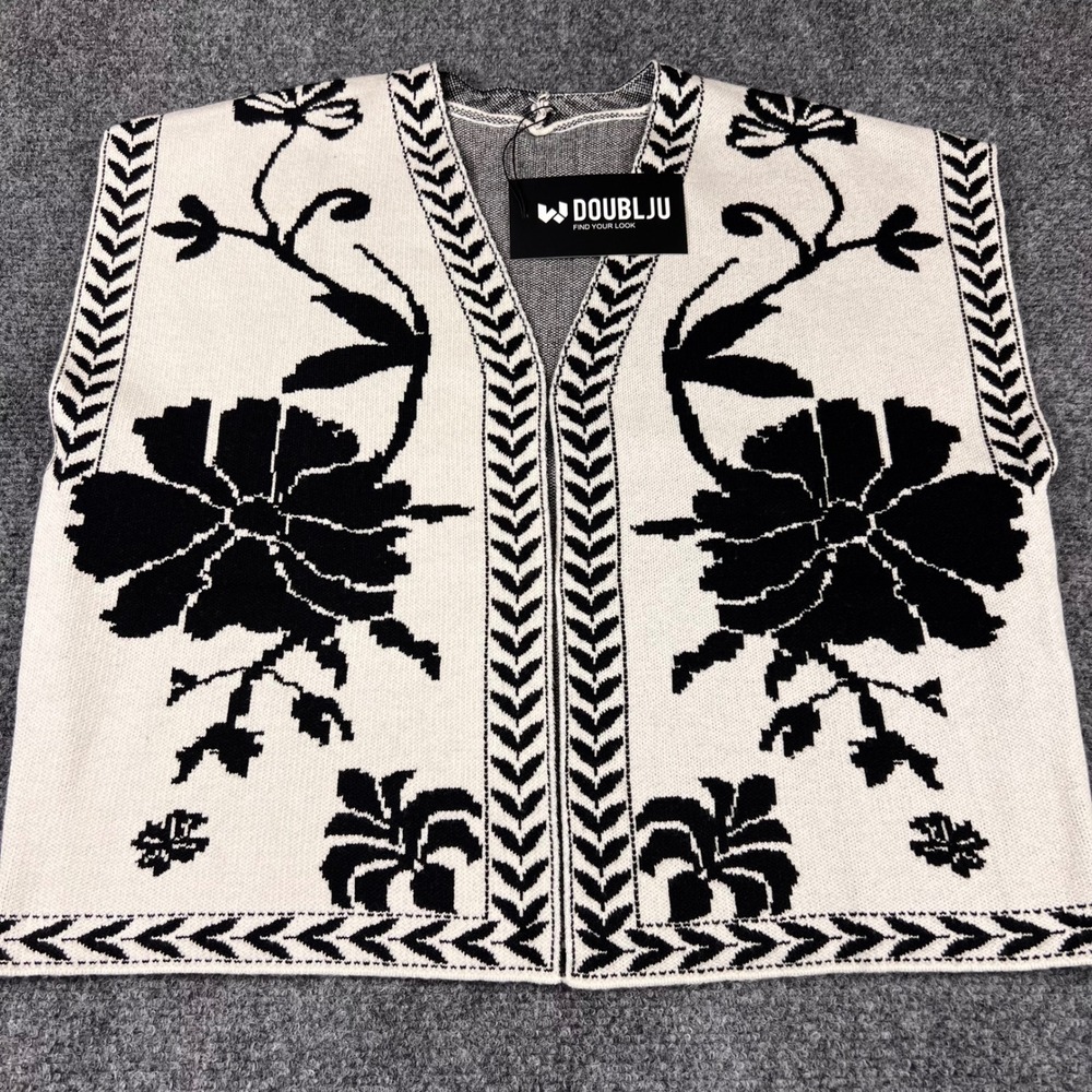 Cottagecore‎ Doublju Floral Knit Sweater Vest Black White Open Front Jacquard Lg